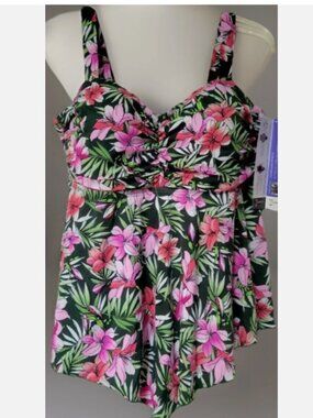 A Shore Fit Tankini Swim Top Green Pink Floral Adjust Straps 18W D & E CUP NWT